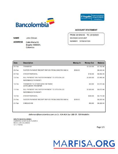 Blank Colombia Bancolombia bank statement word template